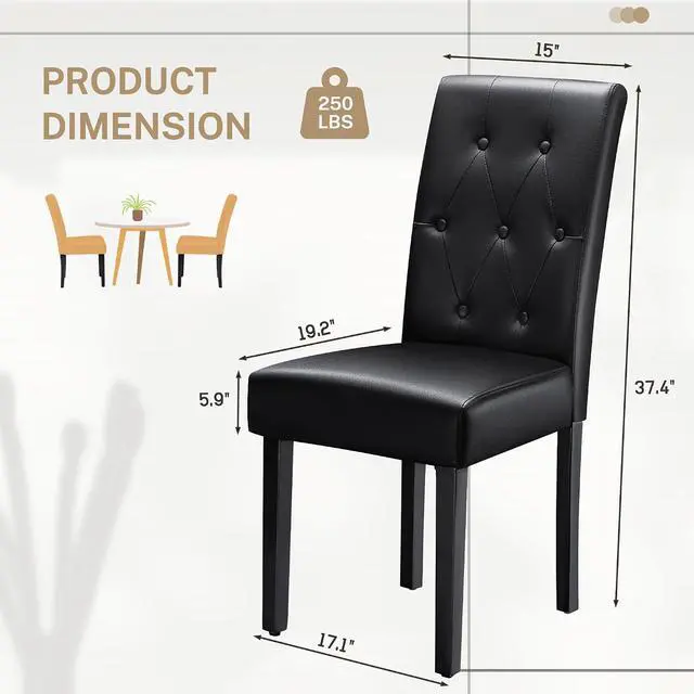 Alt view image 2 of 7 - Upholstered Dining Chairs Set of 2, PU Leather Dinning Room Chairs, Button Tufted Kitchen Chairs with Adjustable Wood Legs for Dining Room/Living Room/Restaurant (Leather Black, 2)