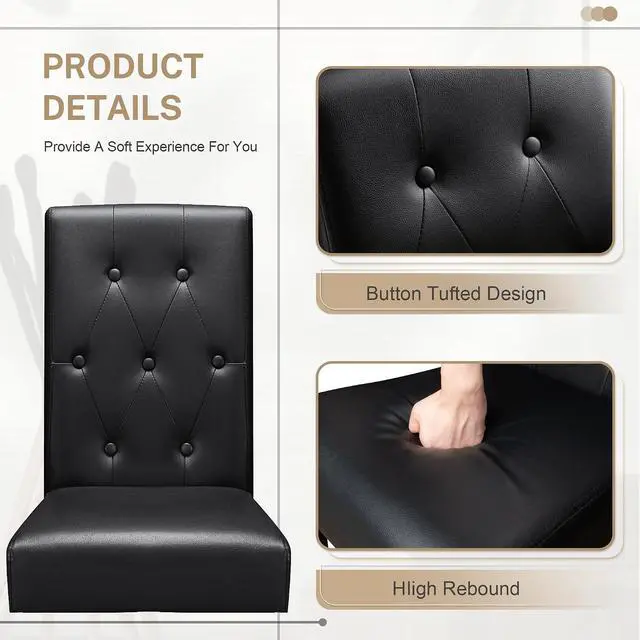 Alt view image 3 of 7 - Upholstered Dining Chairs Set of 2, PU Leather Dinning Room Chairs, Button Tufted Kitchen Chairs with Adjustable Wood Legs for Dining Room/Living Room/Restaurant (Leather Black, 2)