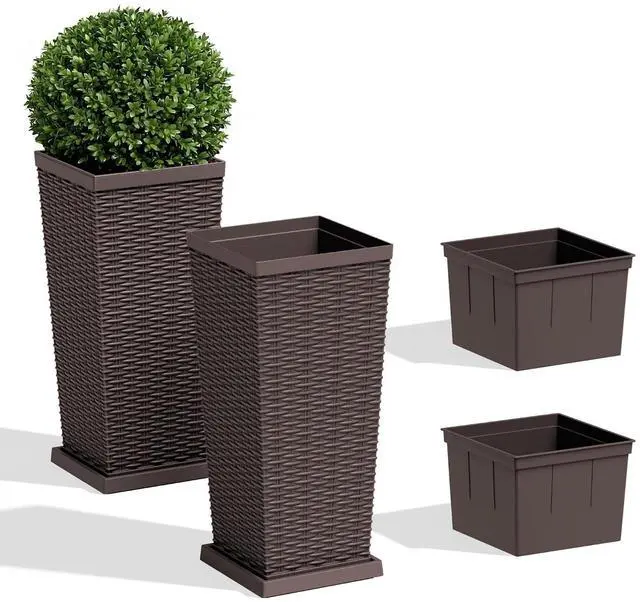 Main image of Set of 2 Resin Widened Tapered Planters, Rattan Texture Planters with Drainage Holes and Trays, Outdoor Flowers Pots for Plants, Porch & Patio Decor (Brown, 24'' H, Inner & Outer Trays)