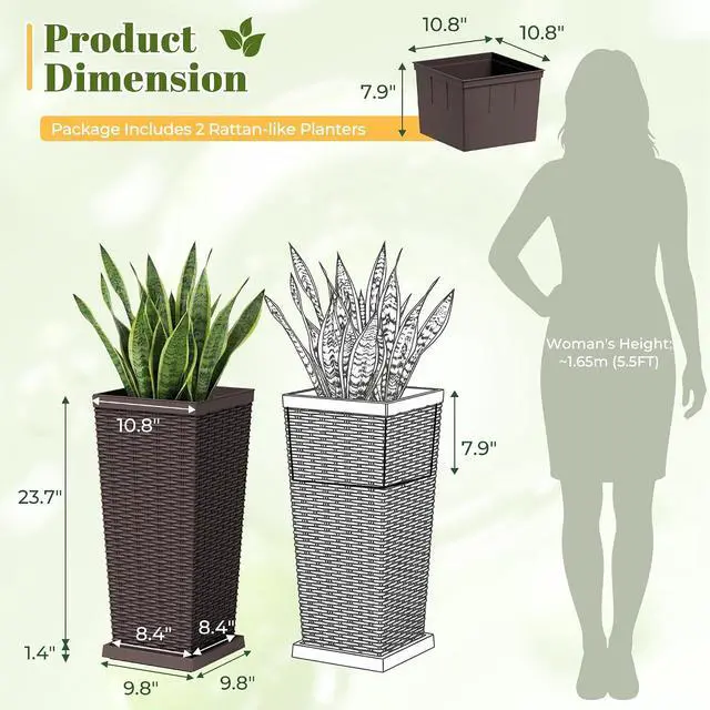 Alt view image 3 of 7 - Set of 2 Resin Widened Tapered Planters, Rattan Texture Planters with Drainage Holes and Trays, Outdoor Flowers Pots for Plants, Porch & Patio Decor (Brown, 24'' H, Inner & Outer Trays)