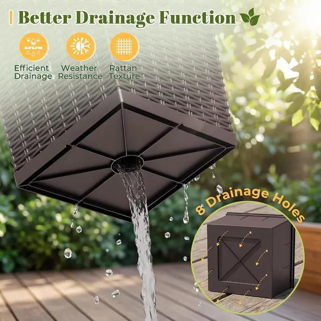 Alt view image 5 of 7 - Set of 2 Resin Widened Tapered Planters, Rattan Texture Planters with Drainage Holes and Trays, Outdoor Flowers Pots for Plants, Porch & Patio Decor (Brown, 24'' H, Inner & Outer Trays)