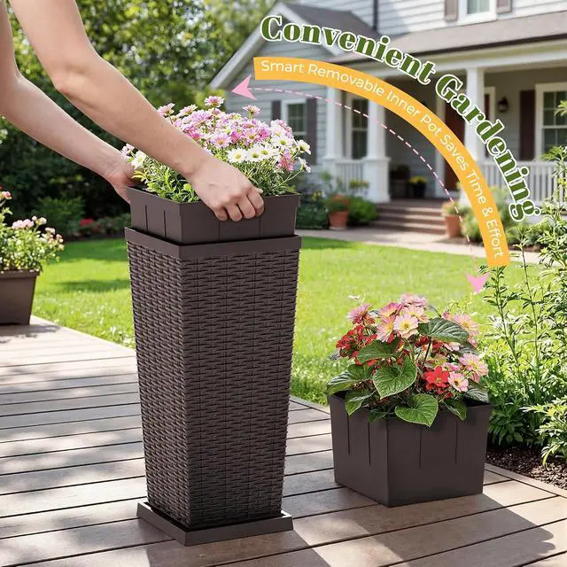 Alt view image 6 of 7 - Set of 2 Resin Widened Tapered Planters, Rattan Texture Planters with Drainage Holes and Trays, Outdoor Flowers Pots for Plants, Porch & Patio Decor (Brown, 24'' H, Inner & Outer Trays)