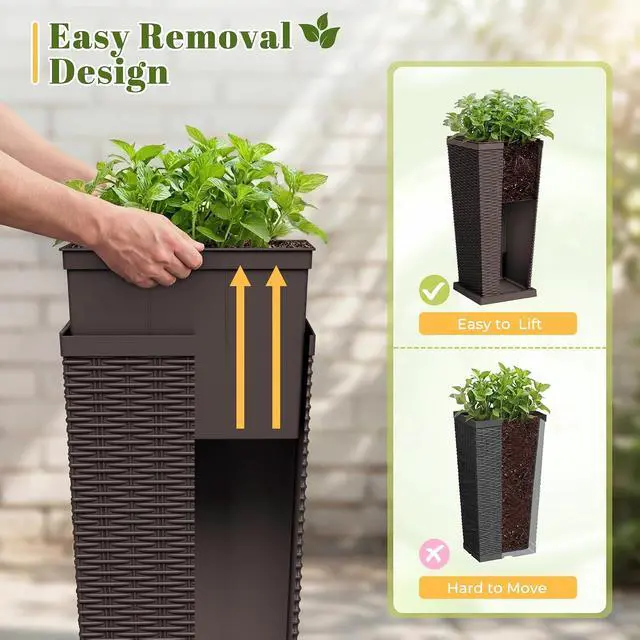 Alt view image 7 of 7 - Set of 2 Resin Widened Tapered Planters, Rattan Texture Planters with Drainage Holes and Trays, Outdoor Flowers Pots for Plants, Porch & Patio Decor (Brown, 24'' H, Inner & Outer Trays)