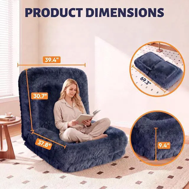 Alt view image 2 of 7 - Japanese Floor Mattress, 9.4" Thicken Floor Mattress with Adjustable Backrest, Upholstered Foldable Mattress Sleeping Pad with 2 Soft Cushions for Guest Room, Dormitory (Dark Blue)