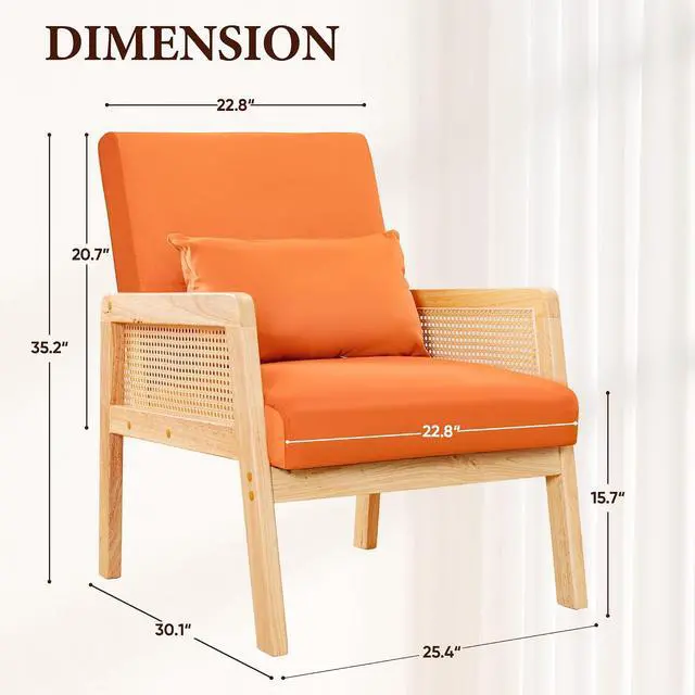 Alt view image 2 of 7 - Accent Chair with Rattan Armrests, Mid Century Modern Lounge Armchair for Living Room, Single Upholstered Leisure Reading Chair with Waist Pillow and Wooden Frame,Set of 1