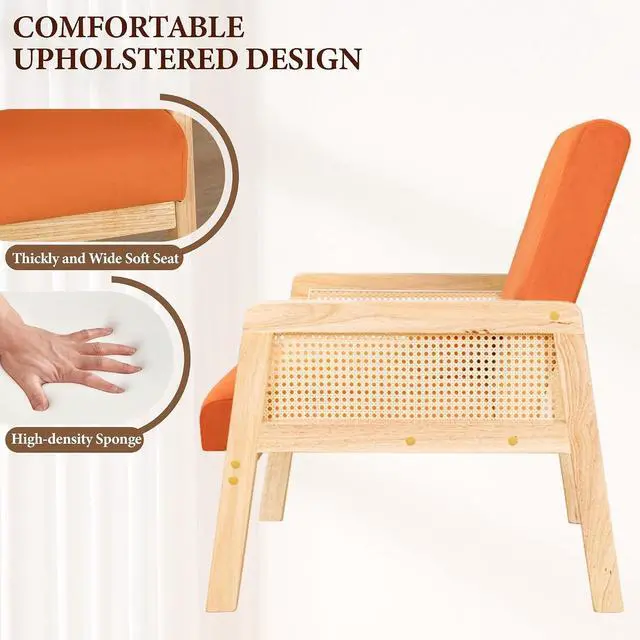 Alt view image 3 of 7 - Accent Chair with Rattan Armrests, Mid Century Modern Lounge Armchair for Living Room, Single Upholstered Leisure Reading Chair with Waist Pillow and Wooden Frame,Set of 1
