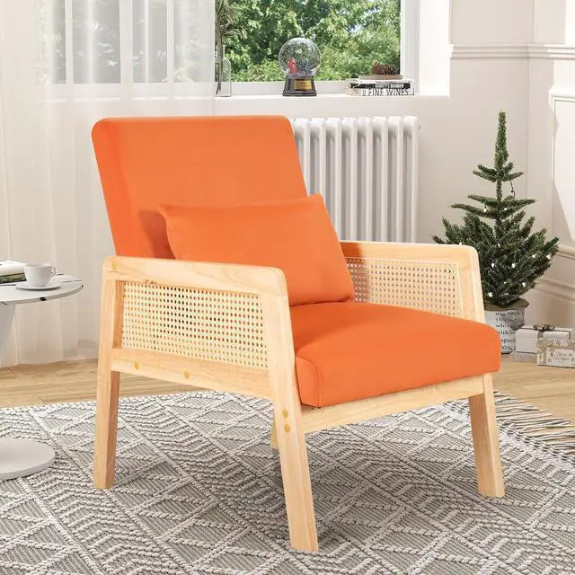 Main image of Accent Chair with Rattan Armrests, Mid Century Modern Lounge Armchair for Living Room, Single Upholstered Leisure Reading Chair with Waist Pillow and Wooden Frame,Set of 1