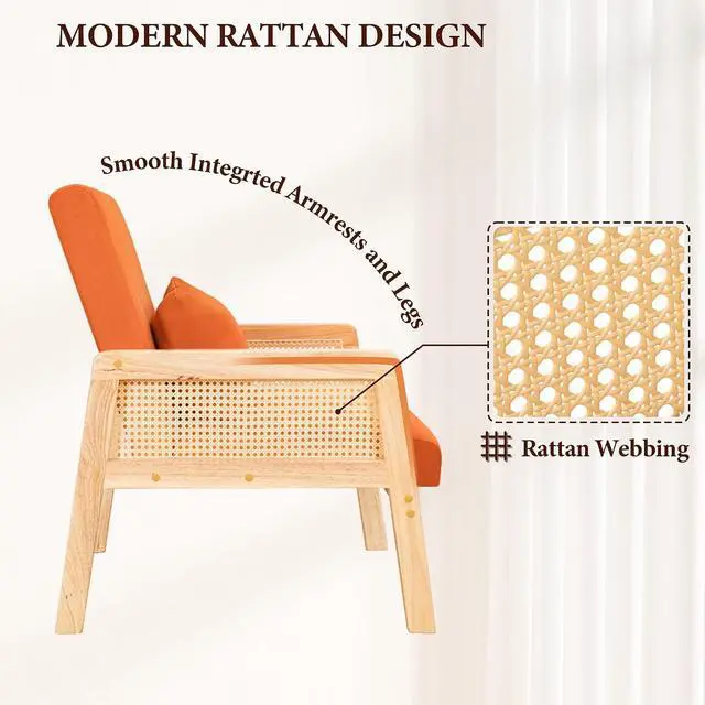 Alt view image 4 of 7 - Accent Chair with Rattan Armrests, Mid Century Modern Lounge Armchair for Living Room, Single Upholstered Leisure Reading Chair with Waist Pillow and Wooden Frame,Set of 1