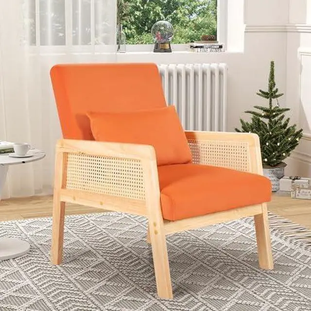 Alt view image 7 of 7 - Accent Chair with Rattan Armrests, Mid Century Modern Lounge Armchair for Living Room, Single Upholstered Leisure Reading Chair with Waist Pillow and Wooden Frame,Set of 2