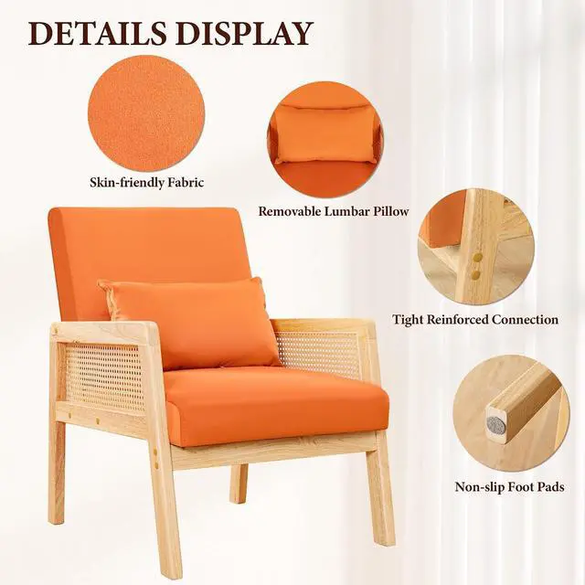 Alt view image 6 of 7 - Accent Chair with Rattan Armrests, Mid Century Modern Lounge Armchair for Living Room, Single Upholstered Leisure Reading Chair with Waist Pillow and Wooden Frame,Set of 1