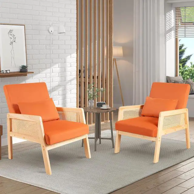 Alt view image 5 of 7 - Accent Chair with Rattan Armrests, Mid Century Modern Lounge Armchair for Living Room, Single Upholstered Leisure Reading Chair with Waist Pillow and Wooden Frame,Set of 1