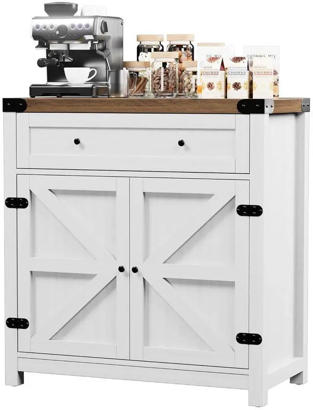 Main image of Coffee Bar Cabinet with Storage - 31.59" W Rustic Sideboard for Home Bar with Drawer&2 Doors, Wine Storage & Coffee Station, Farmhouse Buffet Cabinet for Kitchen, Dining Room (Brown & White)