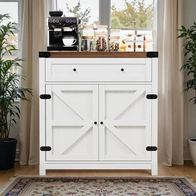 Alt view image 2 of 7 - Coffee Bar Cabinet with Storage - 31.59" W Rustic Sideboard for Home Bar with Drawer&2 Doors, Wine Storage & Coffee Station, Farmhouse Buffet Cabinet for Kitchen, Dining Room (Brown & White)