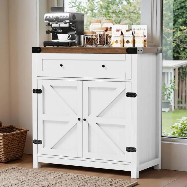 Alt view image 4 of 7 - Coffee Bar Cabinet with Storage - 31.59" W Rustic Sideboard for Home Bar with Drawer&2 Doors, Wine Storage & Coffee Station, Farmhouse Buffet Cabinet for Kitchen, Dining Room (Brown & White)