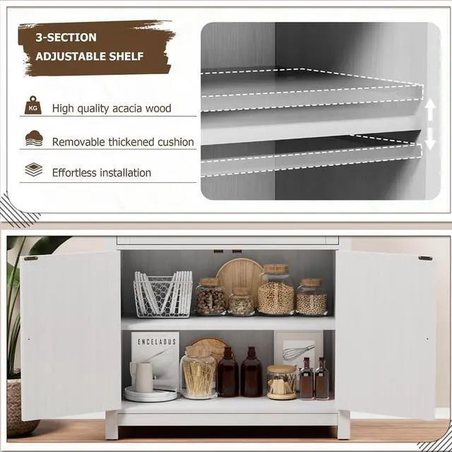 Alt view image 6 of 7 - Coffee Bar Cabinet with Storage - 31.59" W Rustic Sideboard for Home Bar with Drawer&2 Doors, Wine Storage & Coffee Station, Farmhouse Buffet Cabinet for Kitchen, Dining Room (Brown & White)