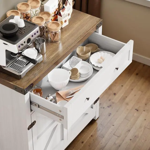 Alt view image 7 of 7 - Coffee Bar Cabinet with Storage - 31.59" W Rustic Sideboard for Home Bar with Drawer&2 Doors, Wine Storage & Coffee Station, Farmhouse Buffet Cabinet for Kitchen, Dining Room (Brown & White)