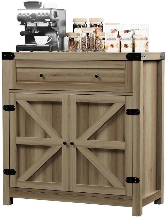 Main image of Bar Cabinet with Drawer & 2 Doors - 31.59" W Rustic Sideboard for Home Bar, Wine Storage & Coffee Station, Farmhouse Style Buffet Storage Cabinet for Kitchen, Dining Room (Oak)
