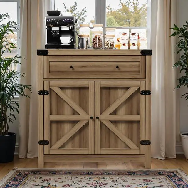 Alt view image 2 of 7 - Bar Cabinet with Drawer & 2 Doors - 31.59" W Rustic Sideboard for Home Bar, Wine Storage & Coffee Station, Farmhouse Style Buffet Storage Cabinet for Kitchen, Dining Room (Oak)