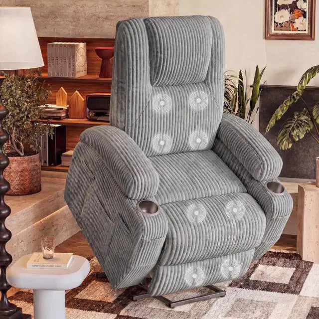 Main image of Electric Power Lift Recliner Chair with Massage for Elderly Corduroy Fabric Recliner Single Sofa with Cup Holders, Side Pockets and Remote Control for Living Room Bedroom (Gray)