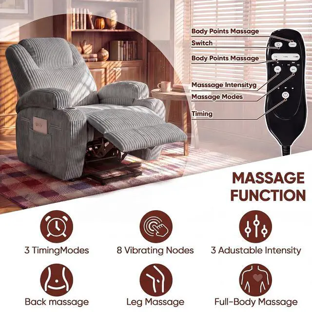 Alt view image 3 of 7 - Electric Power Lift Recliner Chair with Massage for Elderly Corduroy Fabric Recliner Single Sofa with Cup Holders, Side Pockets and Remote Control for Living Room Bedroom (Gray)