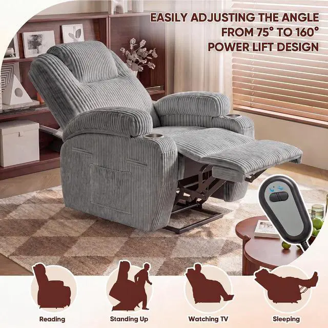Alt view image 4 of 7 - Electric Power Lift Recliner Chair with Massage for Elderly Corduroy Fabric Recliner Single Sofa with Cup Holders, Side Pockets and Remote Control for Living Room Bedroom (Gray)
