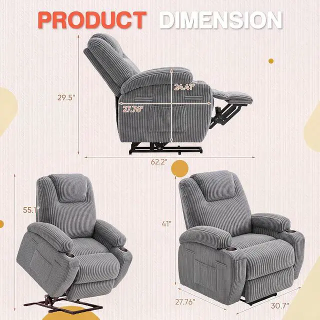 Alt view image 2 of 7 - Electric Power Lift Recliner Chair with Massage for Elderly Corduroy Fabric Recliner Single Sofa with Cup Holders, Side Pockets and Remote Control for Living Room Bedroom (Gray)