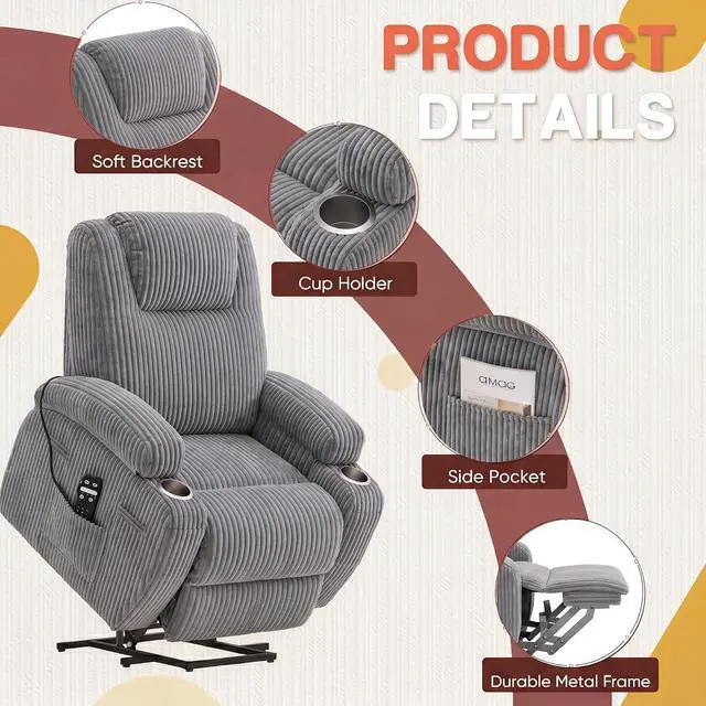 Alt view image 5 of 7 - Electric Power Lift Recliner Chair with Massage for Elderly Corduroy Fabric Recliner Single Sofa with Cup Holders, Side Pockets and Remote Control for Living Room Bedroom (Gray)
