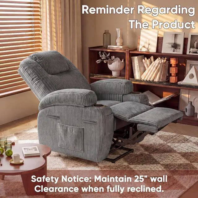 Alt view image 7 of 7 - Electric Power Lift Recliner Chair with Massage for Elderly Corduroy Fabric Recliner Single Sofa with Cup Holders, Side Pockets and Remote Control for Living Room Bedroom (Gray)