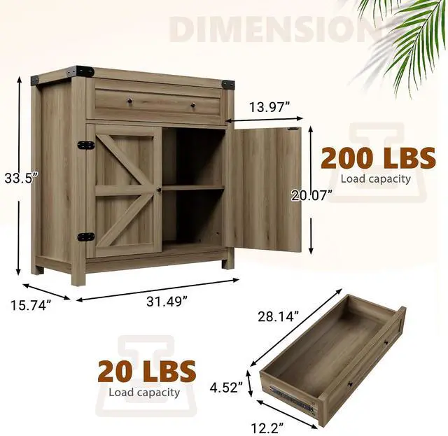 Alt view image 3 of 7 - Bar Cabinet with Drawer & 2 Doors - 31.59" W Rustic Sideboard for Home Bar, Wine Storage & Coffee Station, Farmhouse Style Buffet Storage Cabinet for Kitchen, Dining Room (Oak)