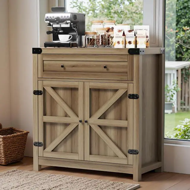 Alt view image 4 of 7 - Bar Cabinet with Drawer & 2 Doors - 31.59" W Rustic Sideboard for Home Bar, Wine Storage & Coffee Station, Farmhouse Style Buffet Storage Cabinet for Kitchen, Dining Room (Oak)