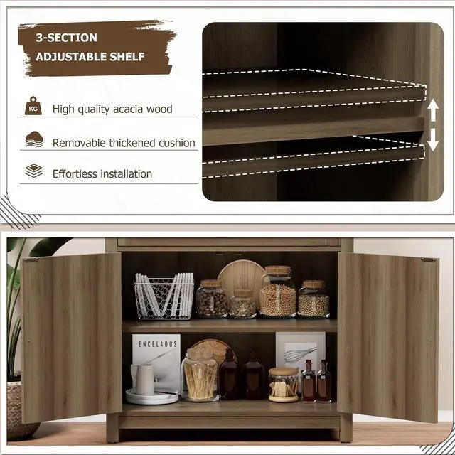 Alt view image 6 of 7 - Bar Cabinet with Drawer & 2 Doors - 31.59" W Rustic Sideboard for Home Bar, Wine Storage & Coffee Station, Farmhouse Style Buffet Storage Cabinet for Kitchen, Dining Room (Oak)