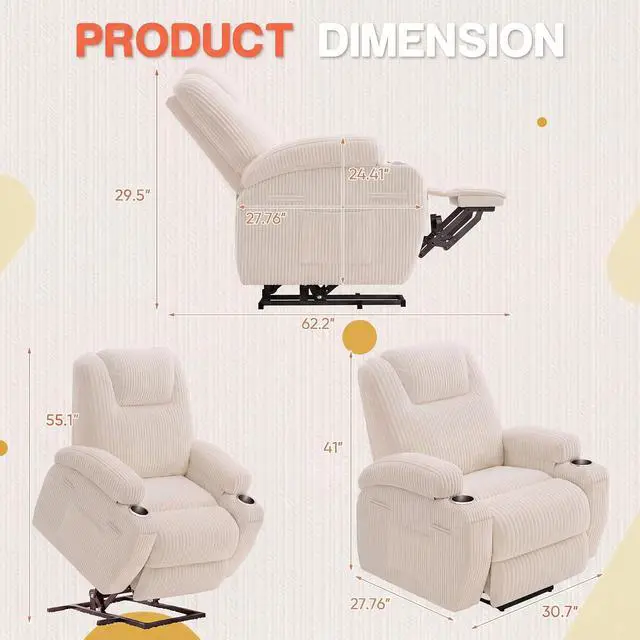 Alt view image 2 of 7 - Electric Power Lift Recliner Chair with Massage for Elderly Corduroy Fabric Recliner Single Sofa with Cup Holders, Side Pockets and Remote Control for Living Room Bedroom (White)