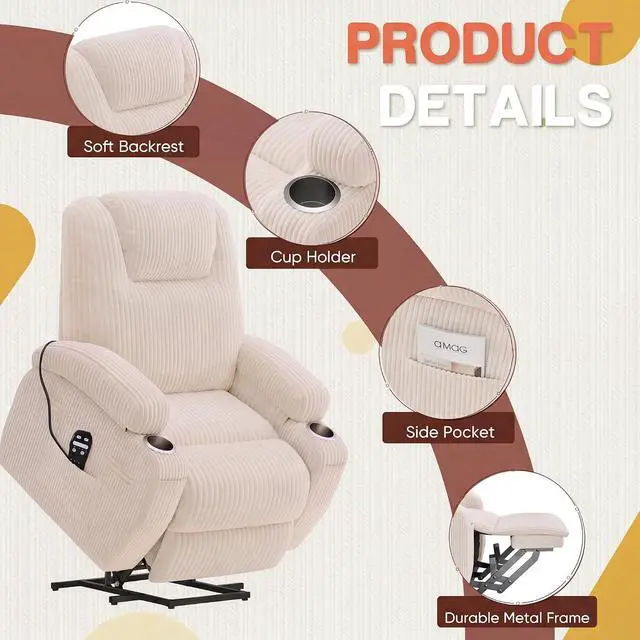 Alt view image 5 of 7 - Electric Power Lift Recliner Chair with Massage for Elderly Corduroy Fabric Recliner Single Sofa with Cup Holders, Side Pockets and Remote Control for Living Room Bedroom (White)