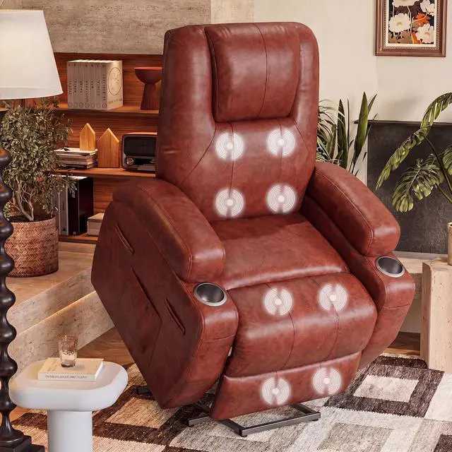 Main image of Electric Power Lift Recliner Chair with Massage for Elderly Corduroy Fabric Recliner Single Sofa with Cup Holders, Side Pockets and Remote Control for Living Room Bedroom (Leathaire, Brown)