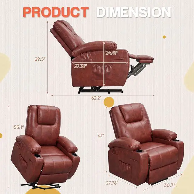 Alt view image 2 of 7 - Electric Power Lift Recliner Chair with Massage for Elderly Corduroy Fabric Recliner Single Sofa with Cup Holders, Side Pockets and Remote Control for Living Room Bedroom (Leathaire, Brown)