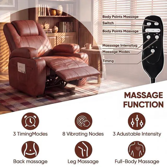 Alt view image 3 of 7 - Electric Power Lift Recliner Chair with Massage for Elderly Corduroy Fabric Recliner Single Sofa with Cup Holders, Side Pockets and Remote Control for Living Room Bedroom (Leathaire, Brown)