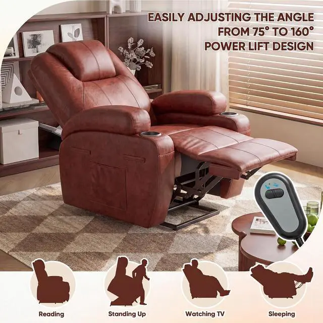 Alt view image 4 of 7 - Electric Power Lift Recliner Chair with Massage for Elderly Corduroy Fabric Recliner Single Sofa with Cup Holders, Side Pockets and Remote Control for Living Room Bedroom (Leathaire, Brown)