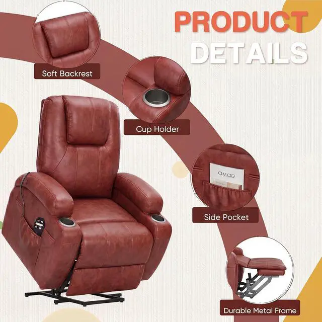 Alt view image 5 of 7 - Electric Power Lift Recliner Chair with Massage for Elderly Corduroy Fabric Recliner Single Sofa with Cup Holders, Side Pockets and Remote Control for Living Room Bedroom (Leathaire, Brown)
