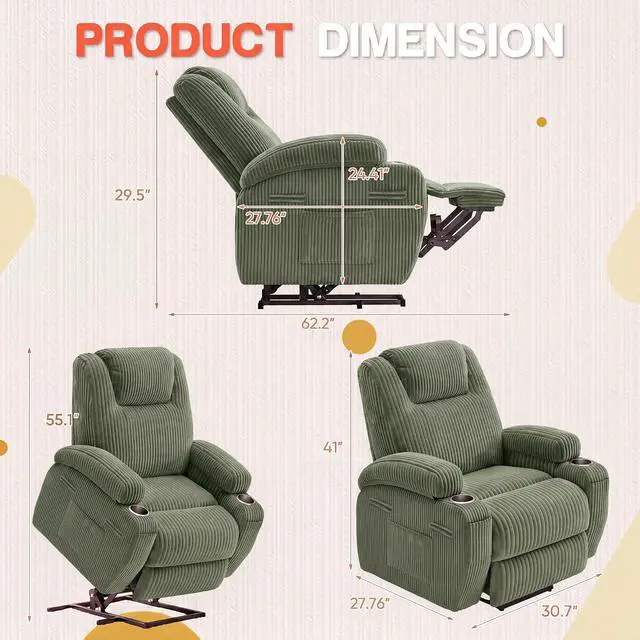 Alt view image 2 of 7 - Electric Power Lift Recliner Chair with Massage for Elderly Corduroy Fabric Recliner Single Sofa with Cup Holders, Side Pockets and Remote Control for Living Room Bedroom (Green)