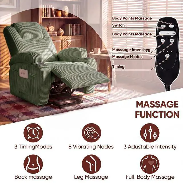 Alt view image 3 of 7 - Electric Power Lift Recliner Chair with Massage for Elderly Corduroy Fabric Recliner Single Sofa with Cup Holders, Side Pockets and Remote Control for Living Room Bedroom (Green)