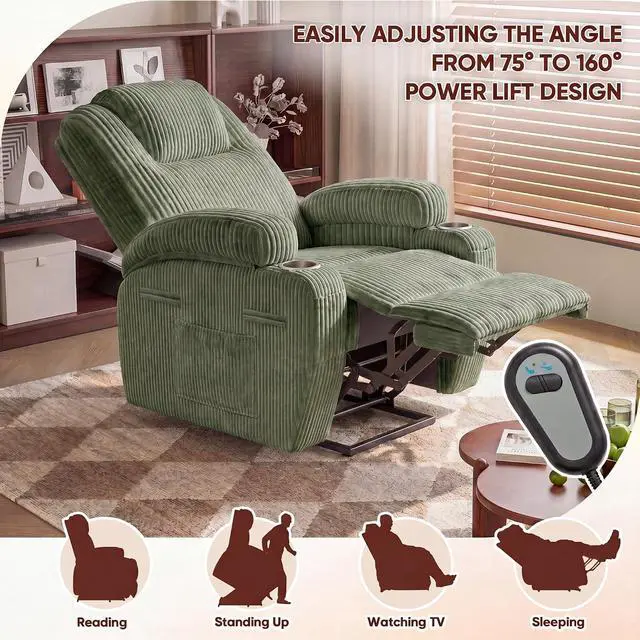 Alt view image 4 of 7 - Electric Power Lift Recliner Chair with Massage for Elderly Corduroy Fabric Recliner Single Sofa with Cup Holders, Side Pockets and Remote Control for Living Room Bedroom (Green)