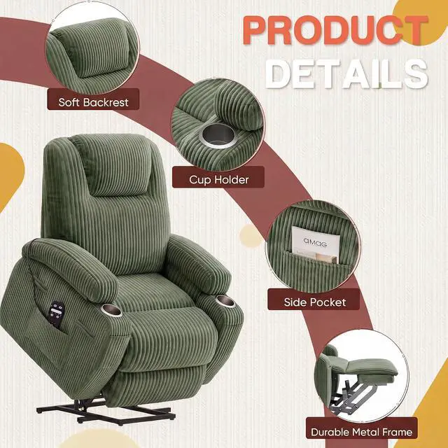 Alt view image 5 of 7 - Electric Power Lift Recliner Chair with Massage for Elderly Corduroy Fabric Recliner Single Sofa with Cup Holders, Side Pockets and Remote Control for Living Room Bedroom (Green)