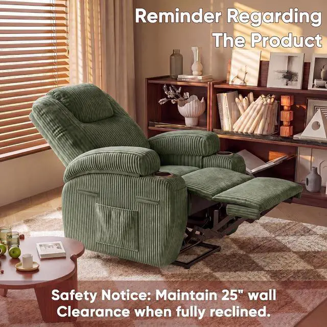 Alt view image 7 of 7 - Electric Power Lift Recliner Chair with Massage for Elderly Corduroy Fabric Recliner Single Sofa with Cup Holders, Side Pockets and Remote Control for Living Room Bedroom (Green)