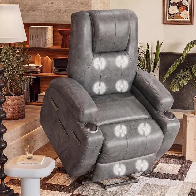 Main image of Electric Power Lift Recliner Chair with Massage for Elderly Corduroy Fabric Recliner Single Sofa with Cup Holders, Side Pockets and Remote Control for Living Room Bedroom (Leathaire, Light Gray)