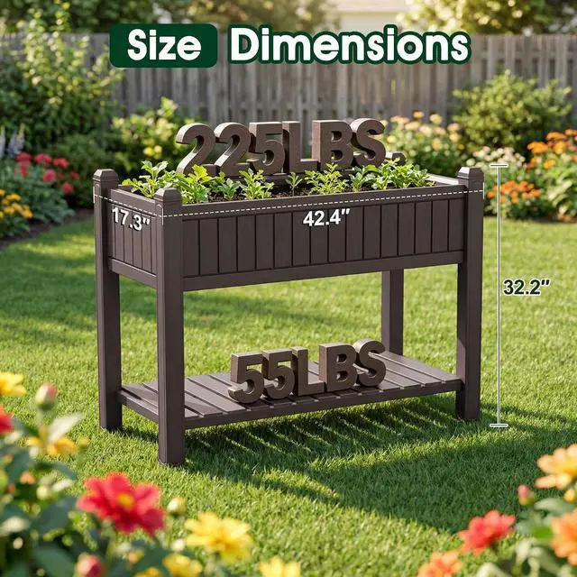 Alt view image 3 of 7 - 30 Gallon Raised Garden Bed with Legs, Evaluated Plastic Planter Box with Storage Shelf for Herbs, Vegetables, Flowers, Garden Planter for Backyard, Patio, Balcony