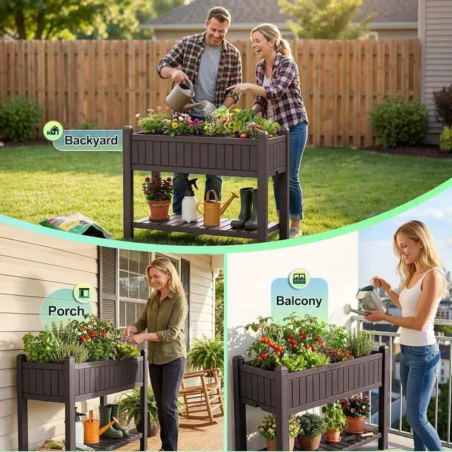 Alt view image 4 of 7 - 30 Gallon Raised Garden Bed with Legs, Evaluated Plastic Planter Box with Storage Shelf for Herbs, Vegetables, Flowers, Garden Planter for Backyard, Patio, Balcony