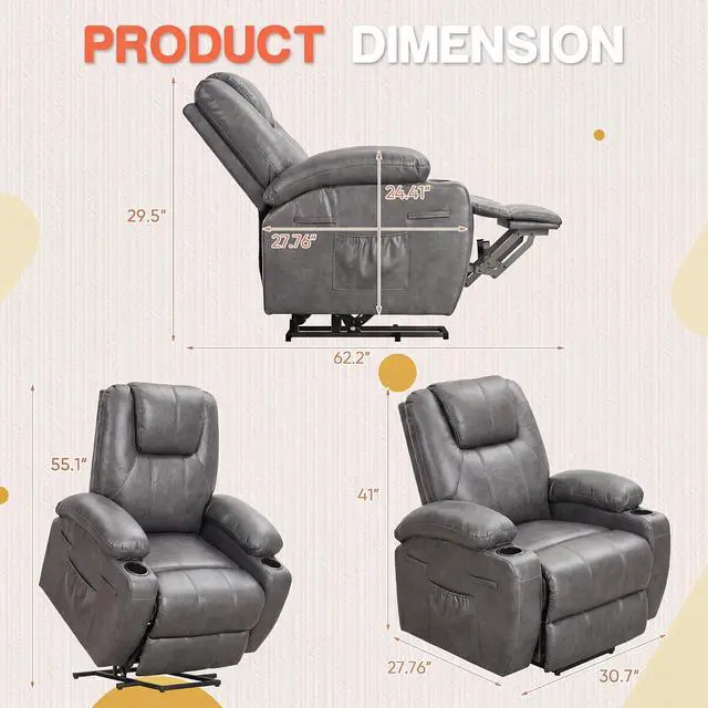 Alt view image 2 of 7 - Electric Power Lift Recliner Chair with Massage for Elderly Corduroy Fabric Recliner Single Sofa with Cup Holders, Side Pockets and Remote Control for Living Room Bedroom (Leathaire, Light Gray)