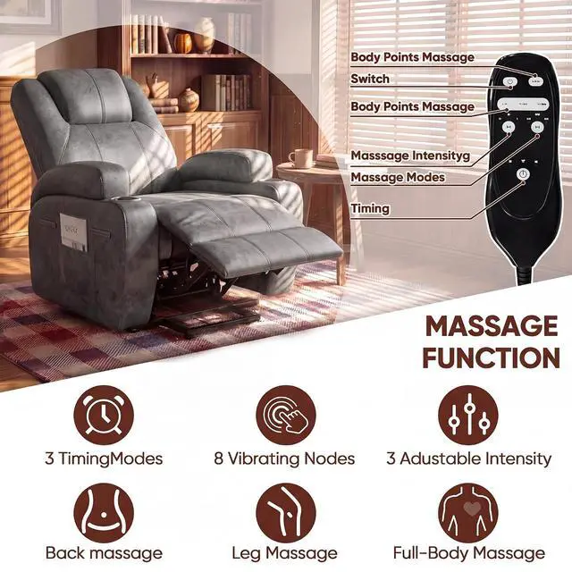 Alt view image 3 of 7 - Electric Power Lift Recliner Chair with Massage for Elderly Corduroy Fabric Recliner Single Sofa with Cup Holders, Side Pockets and Remote Control for Living Room Bedroom (Leathaire, Light Gray)