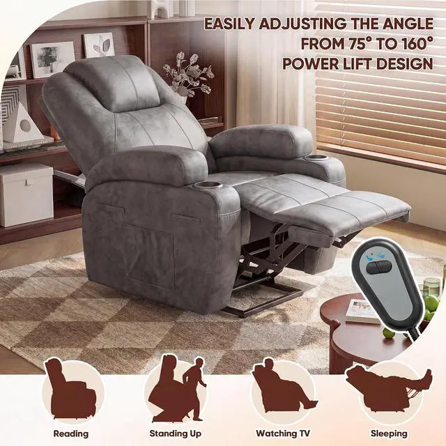 Alt view image 4 of 7 - Electric Power Lift Recliner Chair with Massage for Elderly Corduroy Fabric Recliner Single Sofa with Cup Holders, Side Pockets and Remote Control for Living Room Bedroom (Leathaire, Light Gray)