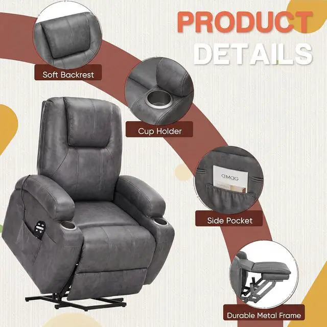 Alt view image 5 of 7 - Electric Power Lift Recliner Chair with Massage for Elderly Corduroy Fabric Recliner Single Sofa with Cup Holders, Side Pockets and Remote Control for Living Room Bedroom (Leathaire, Light Gray)